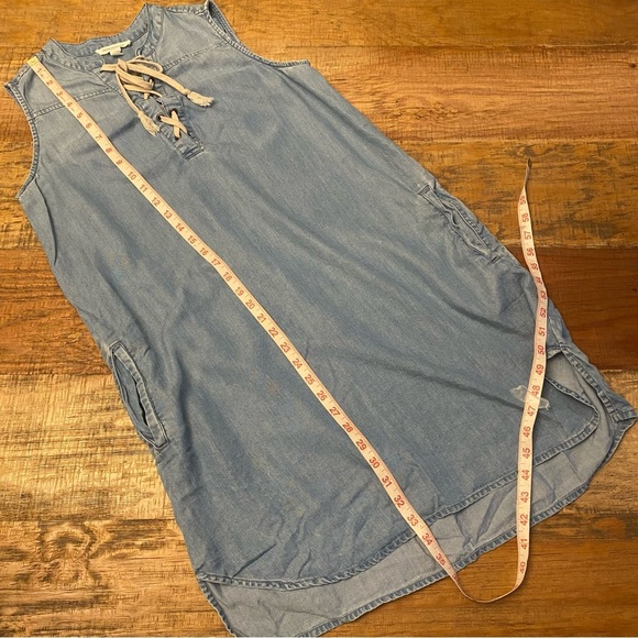 Beach lunch lounge chambray sleeveless lace up yoke mini dress Medium women’s - Picture 10 of 11